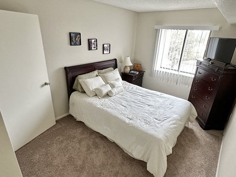 a bedroom with a bed and a dresser and a window